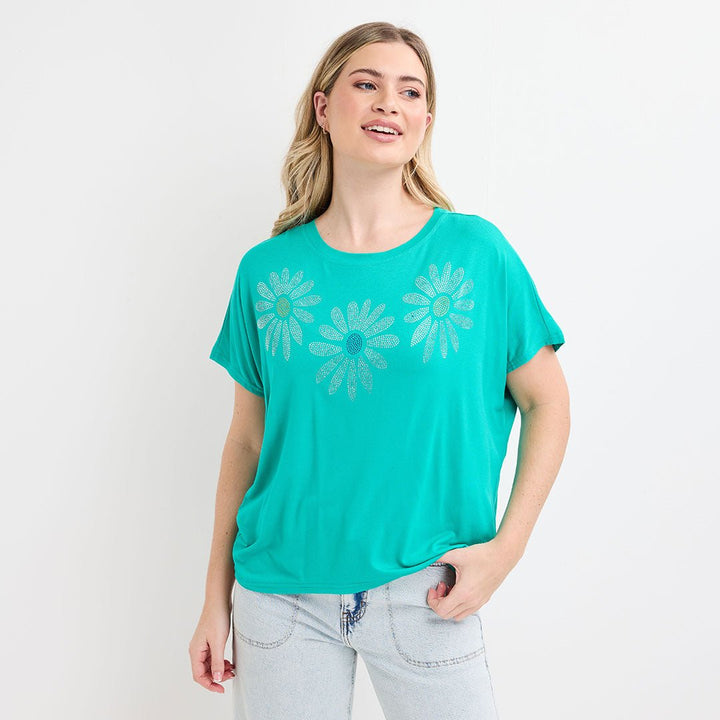 Ladies Green Daisy Diamonte Top from You Know Who's