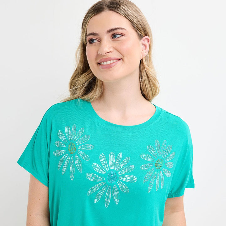 Ladies Green Daisy Diamonte Top from You Know Who's
