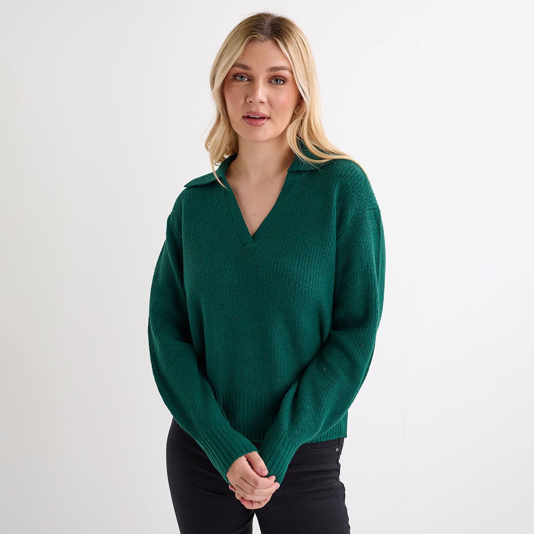 Ladies Green V - Neck Collared Jumper from You Know Who's
