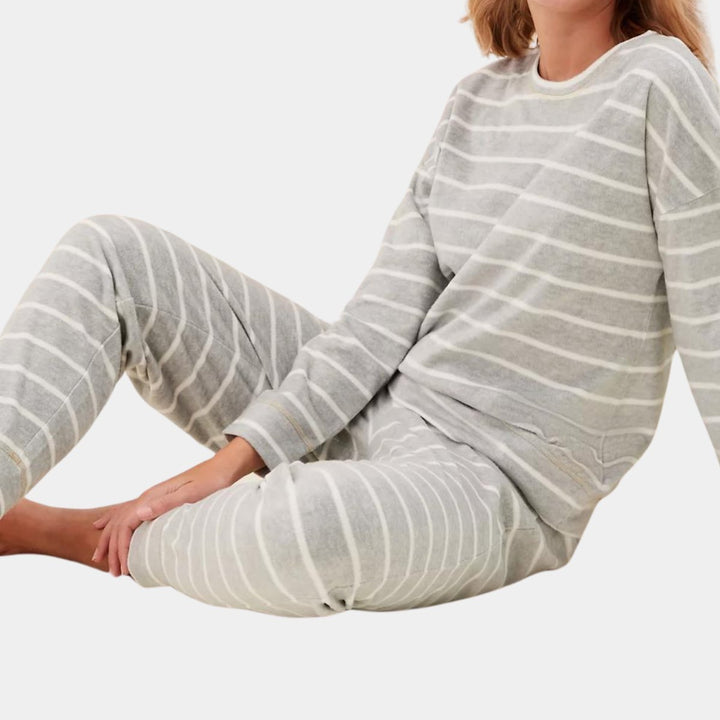 Ladies Grey Stripe Fleece Long Sleeved Pyjama from You Know Who's