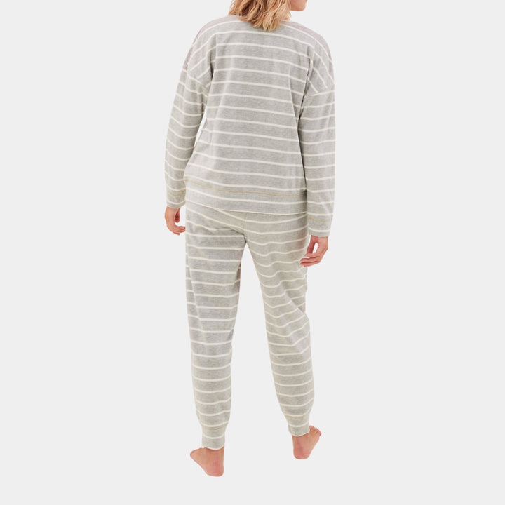 Ladies Grey Stripe Fleece Long Sleeved Pyjama from You Know Who's