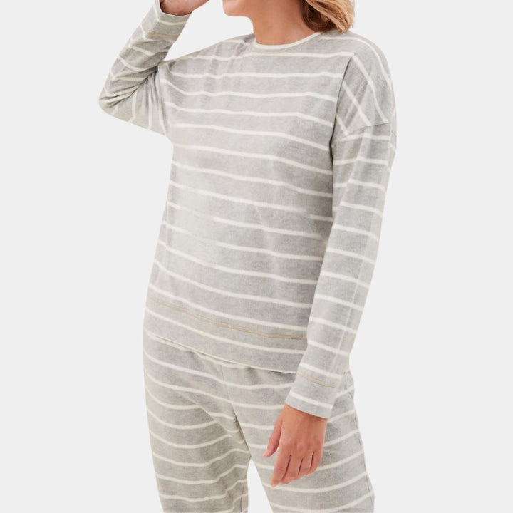 Ladies Grey Stripe Fleece Long Sleeved Pyjama from You Know Who's