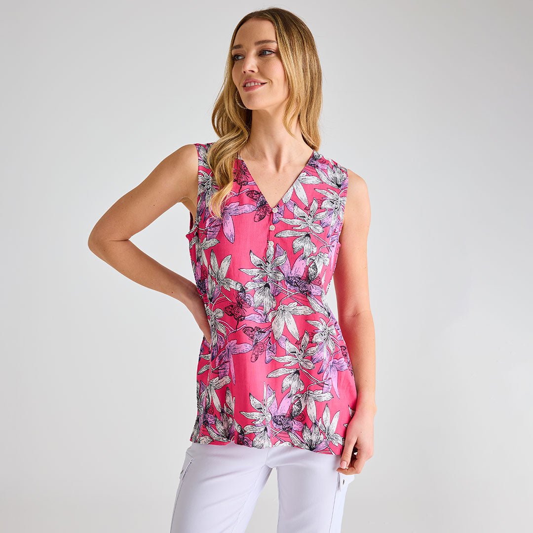 Ladies Hot Pink Palm Printed V - neck T-shirt from You Know Who's