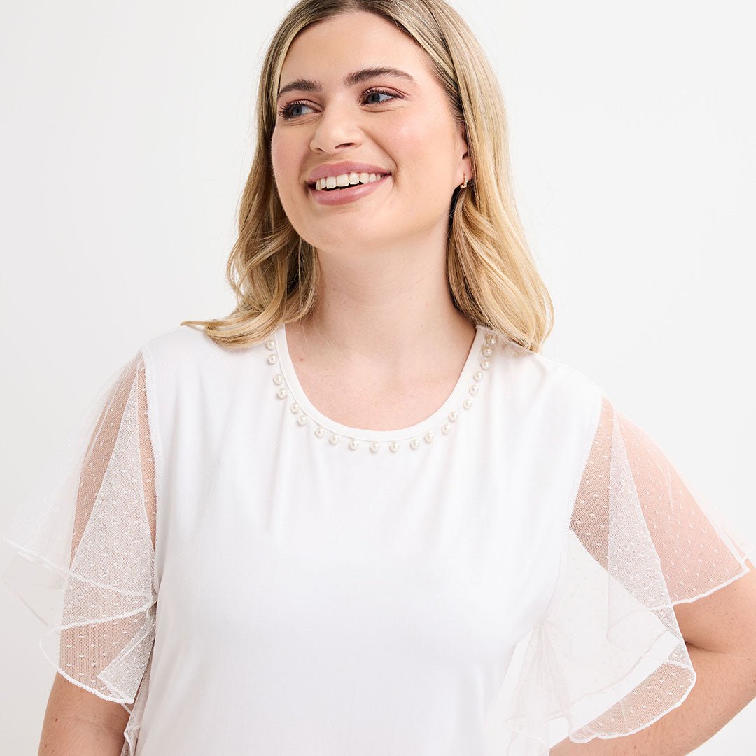 Ladies Ivory Mesh Sleeve Beaded Top from You Know Who's