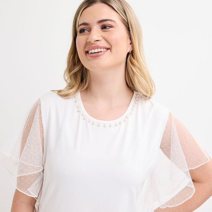 Ladies Ivory Mesh Sleeve Beaded Top from You Know Who's