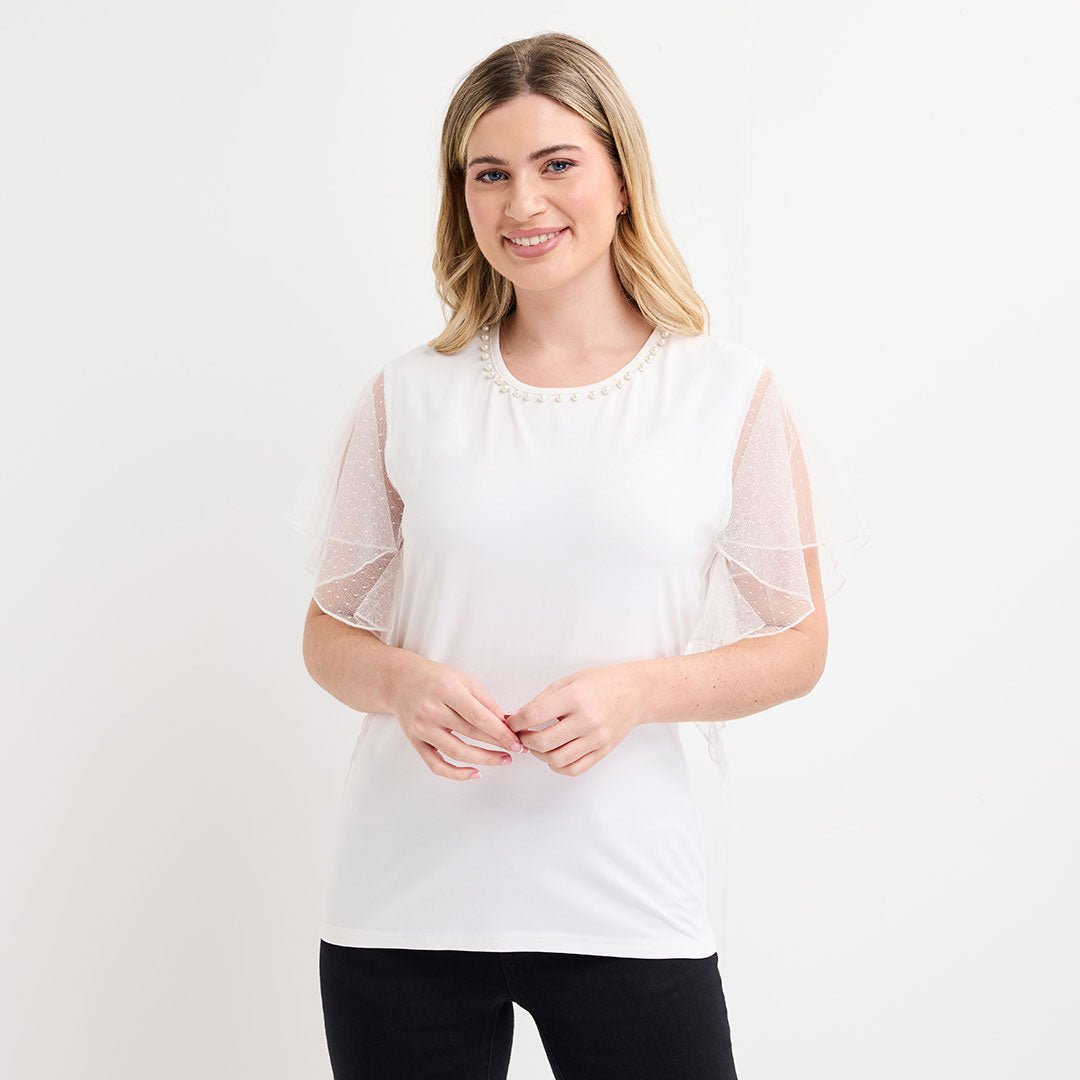 Ladies Ivory Mesh Sleeve Beaded Top