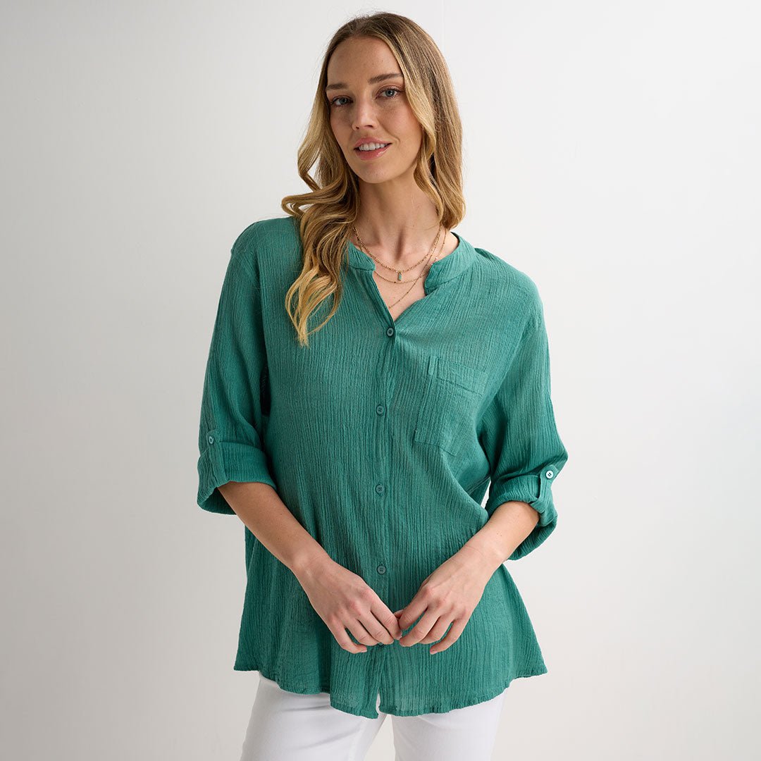 Ladies Jade Crinkle Button Through Shirt from You Know Who's