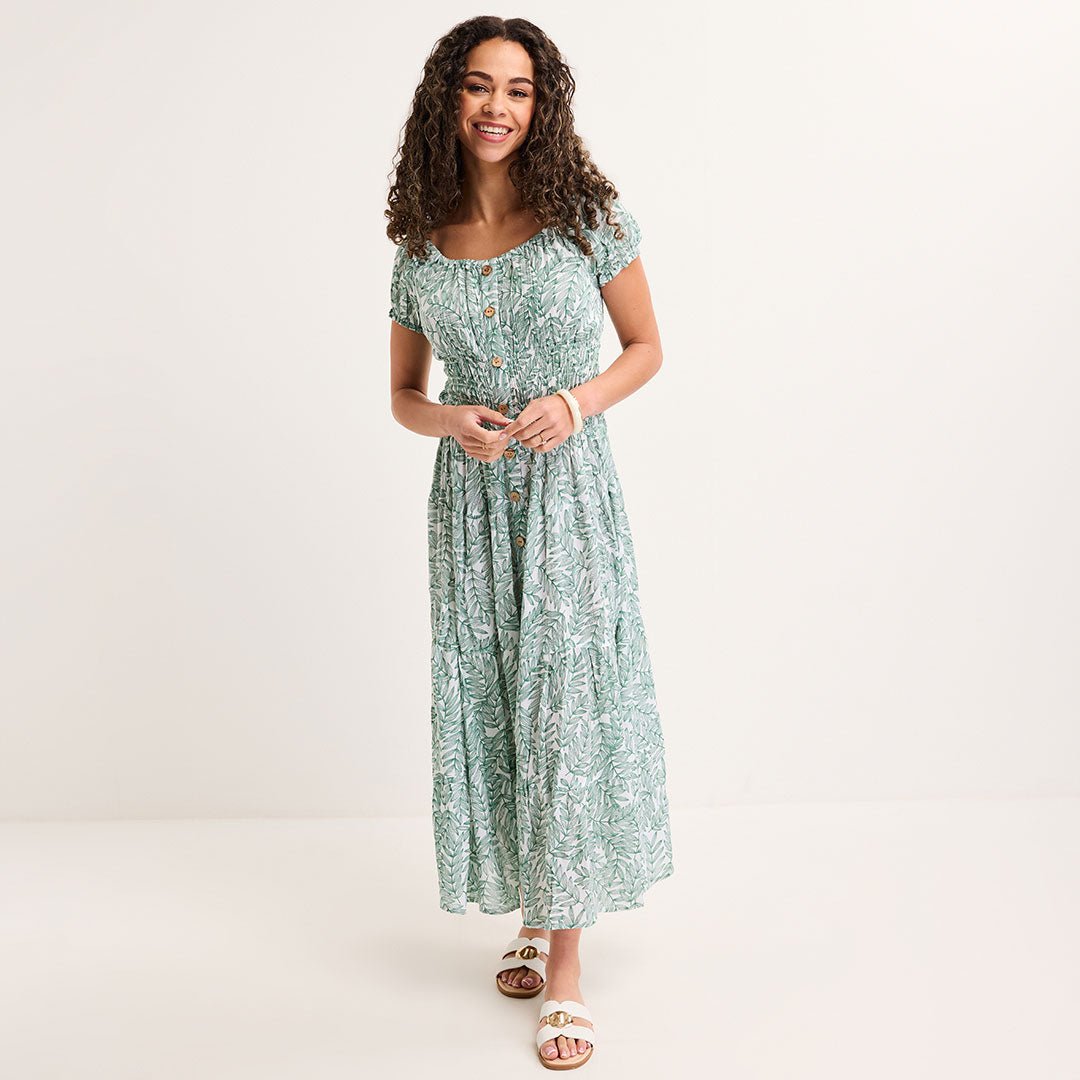 Ladies Jade Leaf Bardot Print Midi Dress from You Know Who's