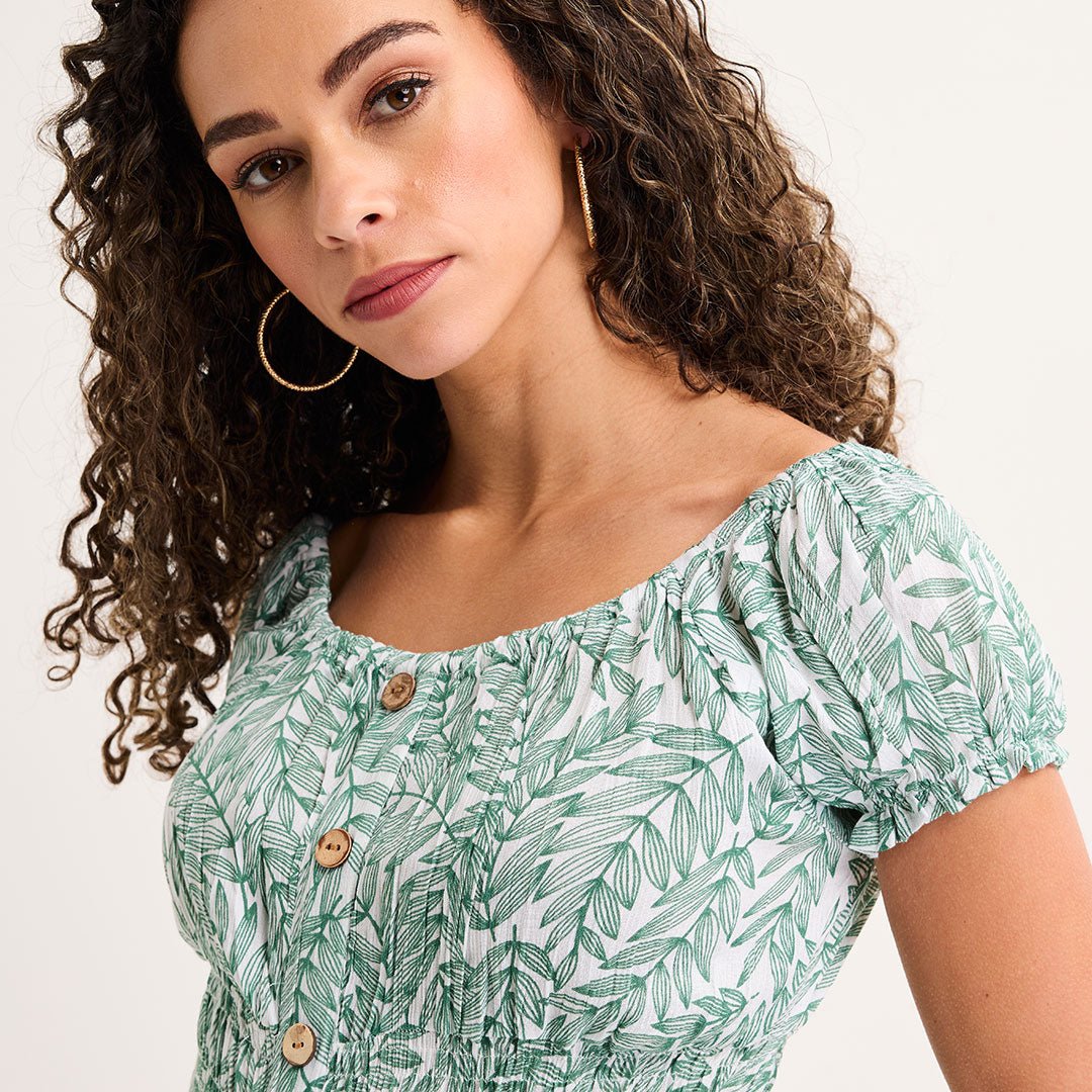 Ladies Jade Leaf Bardot Print Midi Dress from You Know Who's