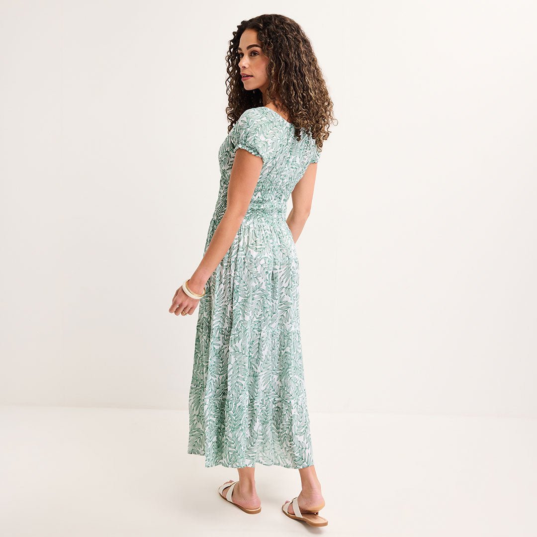 Ladies Jade Leaf Bardot Print Midi Dress from You Know Who's