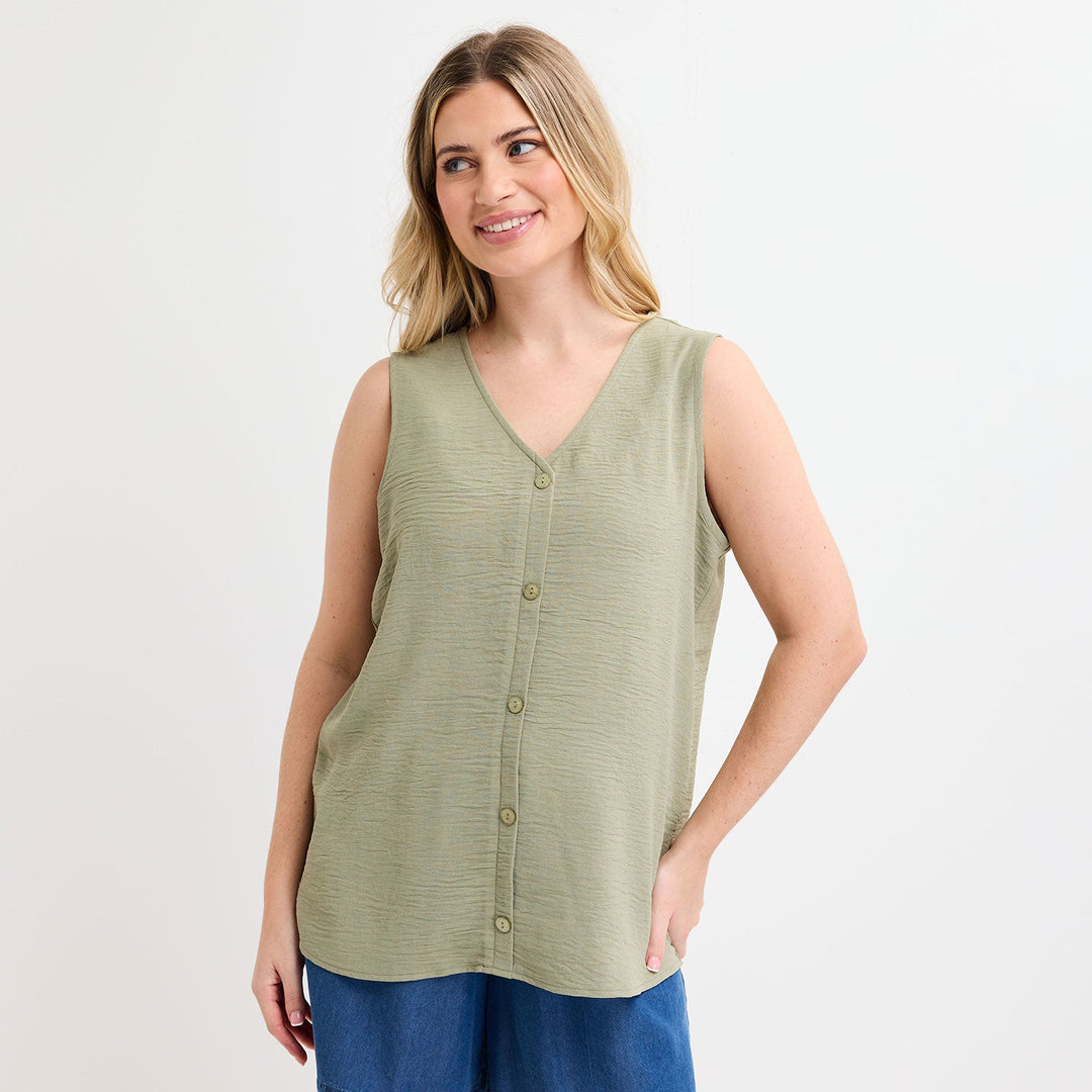 Ladies Khaki Button Front Sleeveless Top from You Know Who's