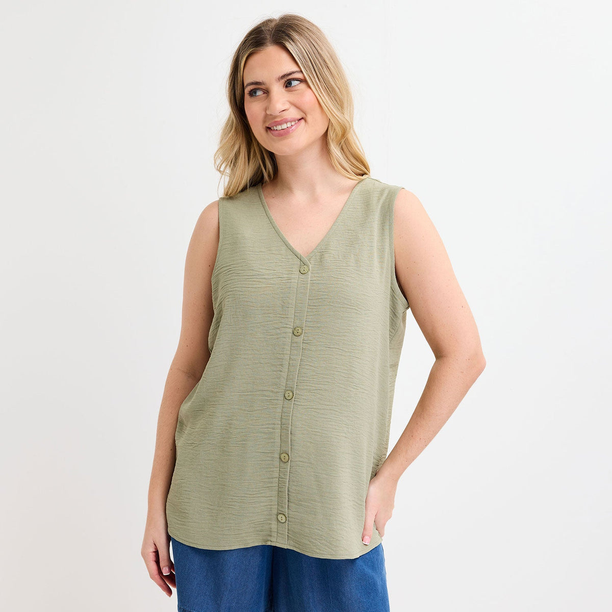 Ladies Khaki Button Front Sleeveless Top from You Know Who's