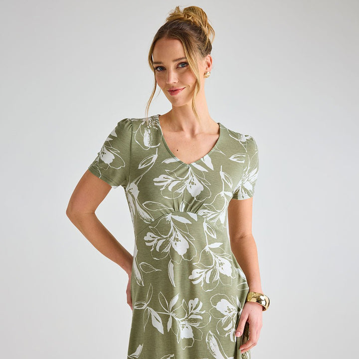 Ladies Khaki Giant Floral V - Neck Printed Dress from You Know Who's
