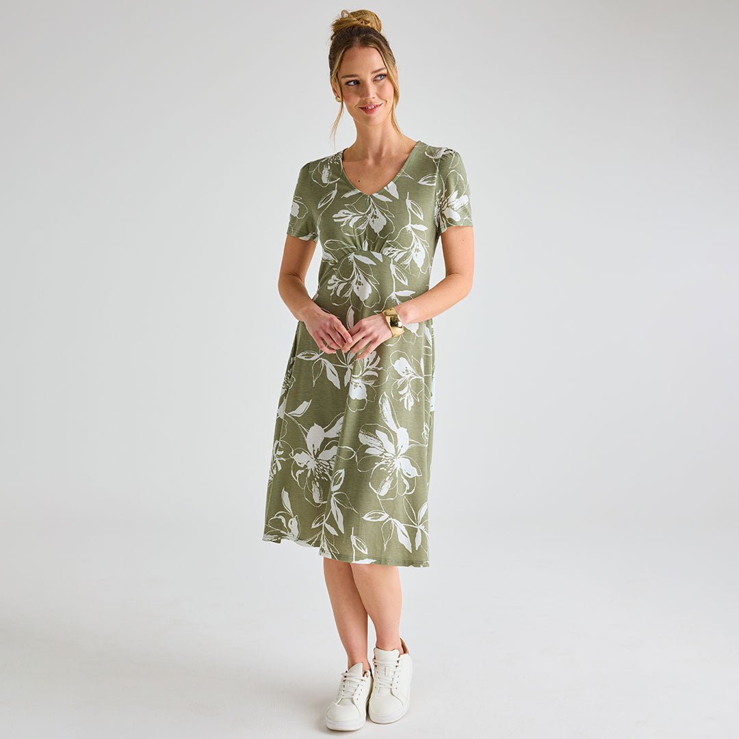 Ladies Khaki Giant Floral V - Neck Printed Dress from You Know Who's