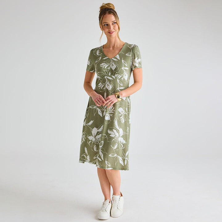 Ladies Khaki Giant Floral V - Neck Printed Dress from You Know Who's