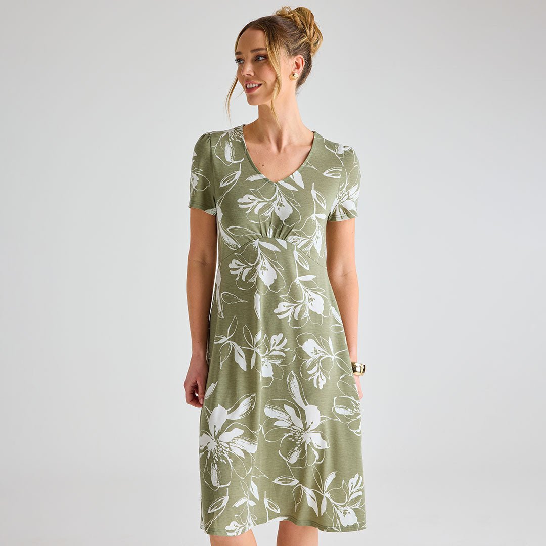 Ladies Khaki Giant Floral V - Neck Printed Dress from You Know Who's