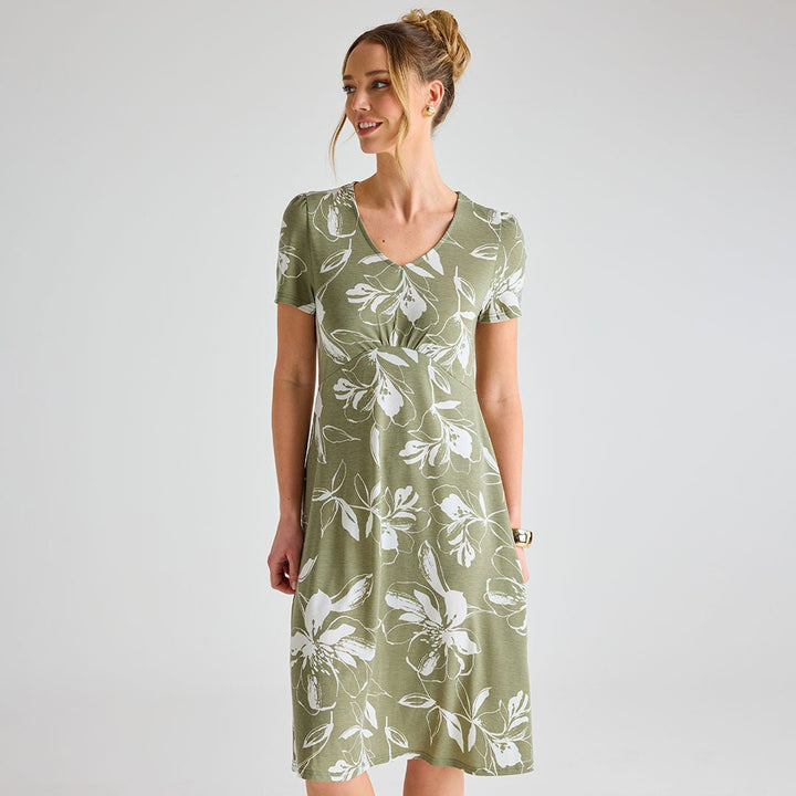 Ladies Khaki Giant Floral V - Neck Printed Dress from You Know Who's