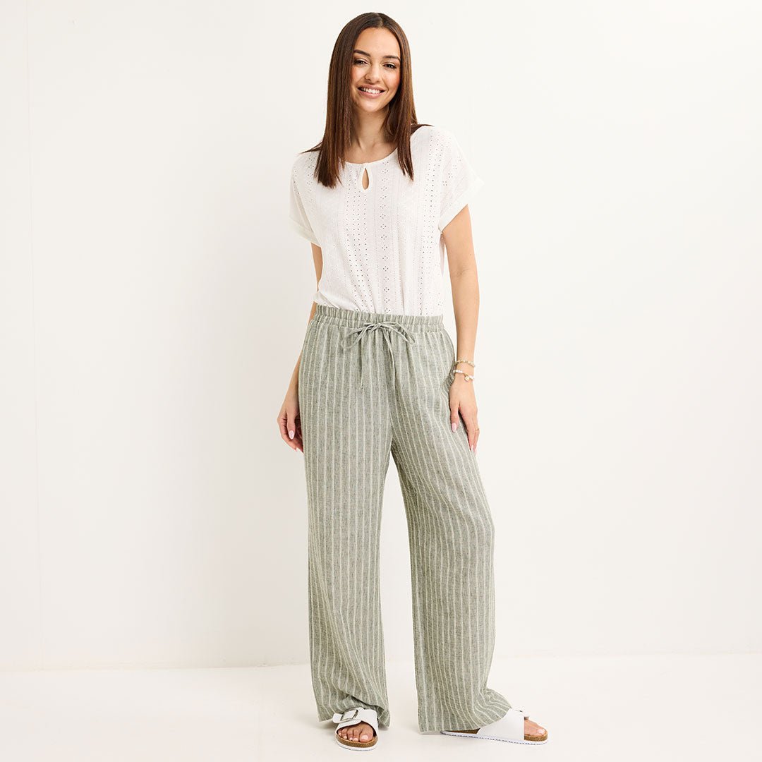 Ladies Khaki Linen Mix Stripe Trousers from You Know Who's
