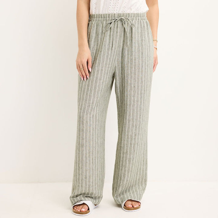 Ladies Khaki Linen Mix Stripe Trousers from You Know Who's