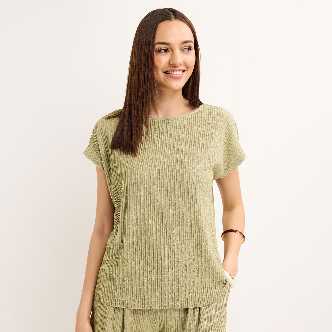Ladies Khaki Plisse Top from You Know Who's