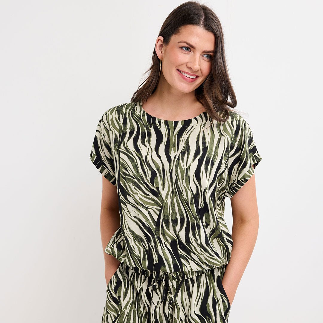 Ladies khaki Zebra Tie Bottom Top from You Know Who's