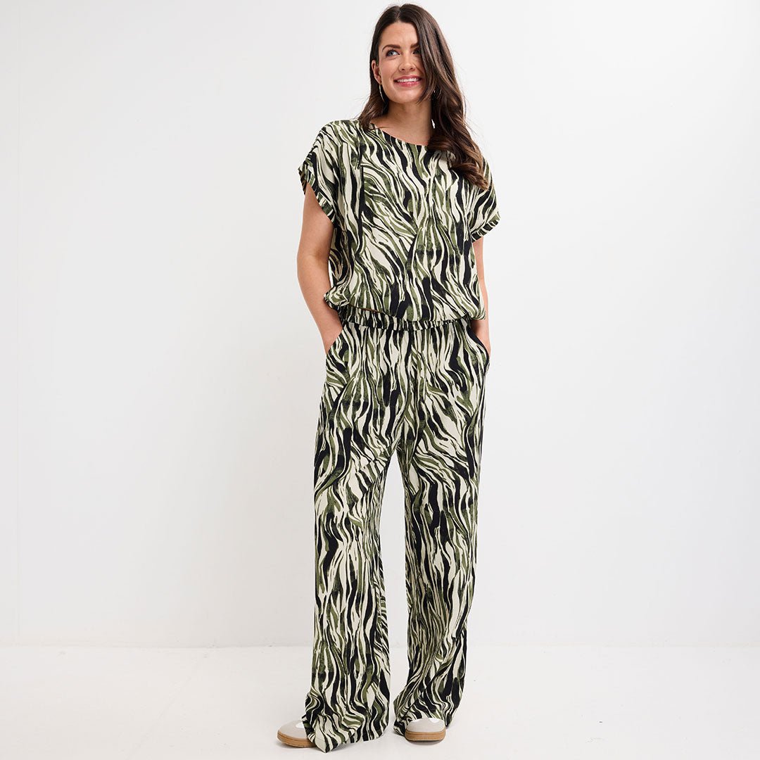 Ladies khaki Zebra Wide Leg Trouser from You Know Who's