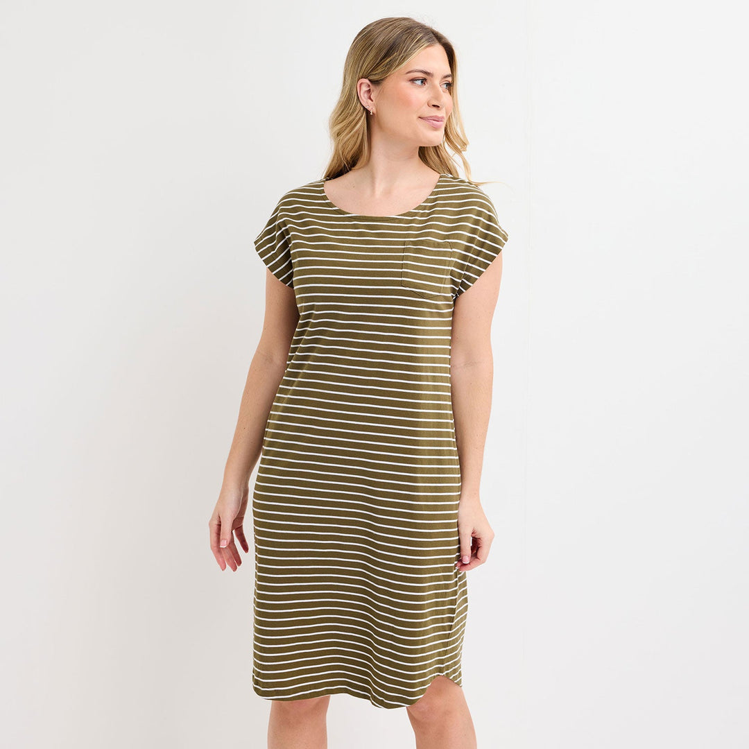 Ladies Khaki/White Yarn Dye Stripe Dress from You Know Who's