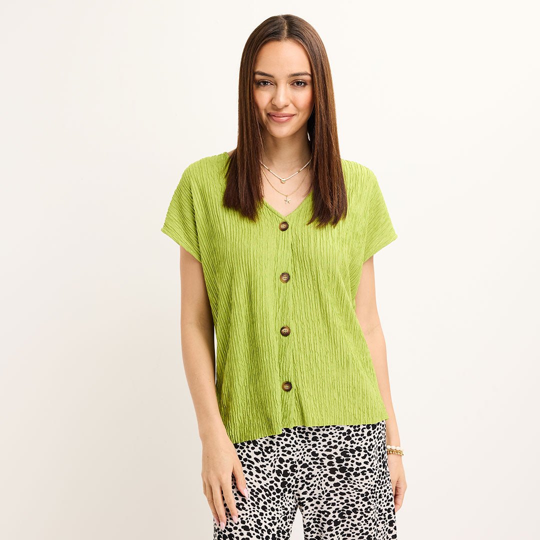 Ladies Lime V Neck Button Plisse Top from You Know Who's