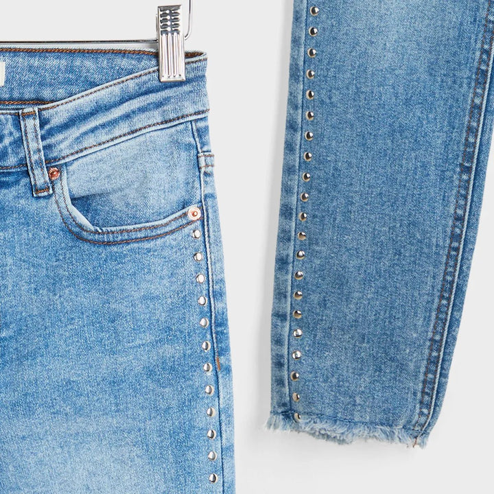 Ladies Mid Wash Studded Ankle Grazer Jeans from You Know Who's