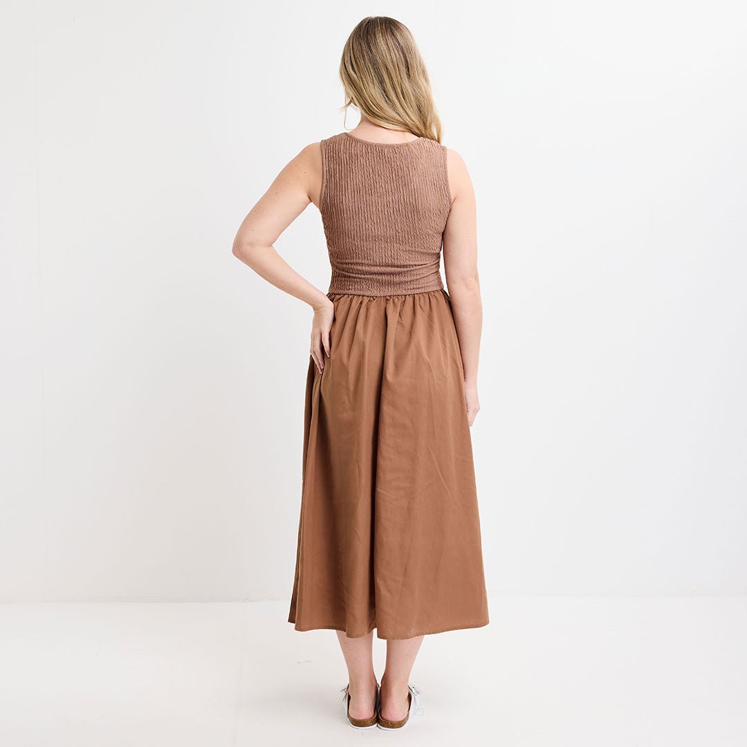 Ladies Mocha Contrast Plisse Dress from You Know Who's