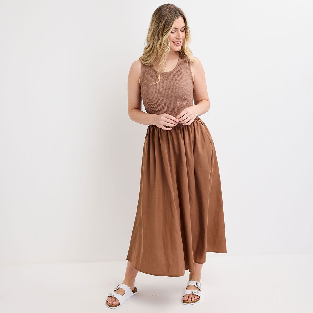 Ladies Mocha Contrast Plisse Dress from You Know Who's