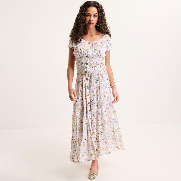 Ladies Multi Vintage Floral Bardot Print Midi Dress from You Know Who's