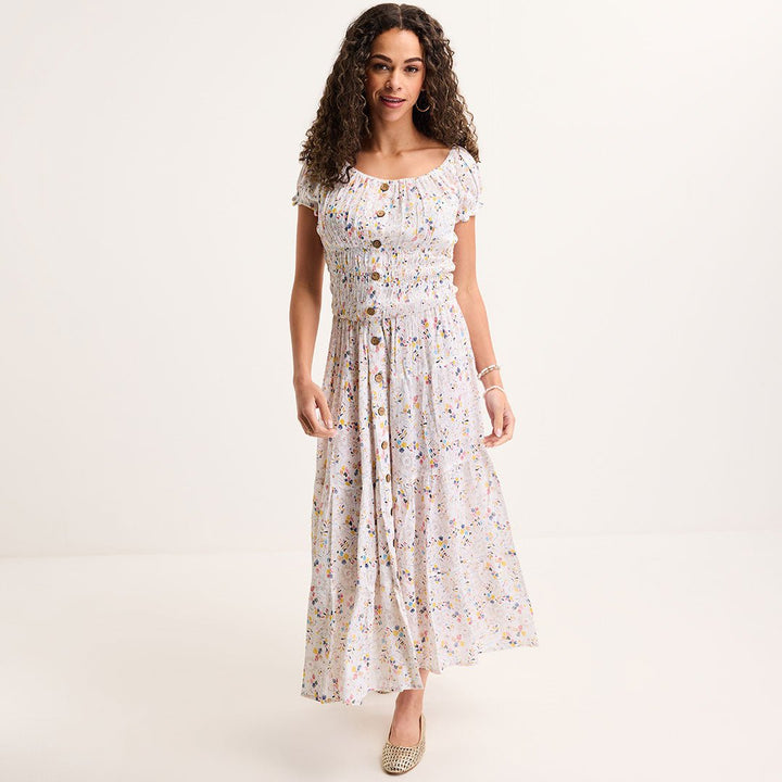 Ladies Multi Vintage Floral Bardot Print Midi Dress from You Know Who's