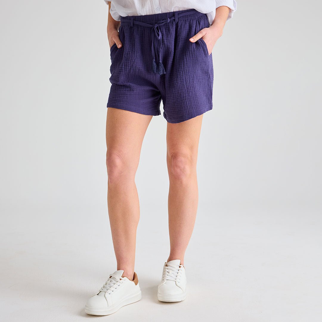 Ladies Navy 2 Pocket Tie Waist Short from You Know Who's