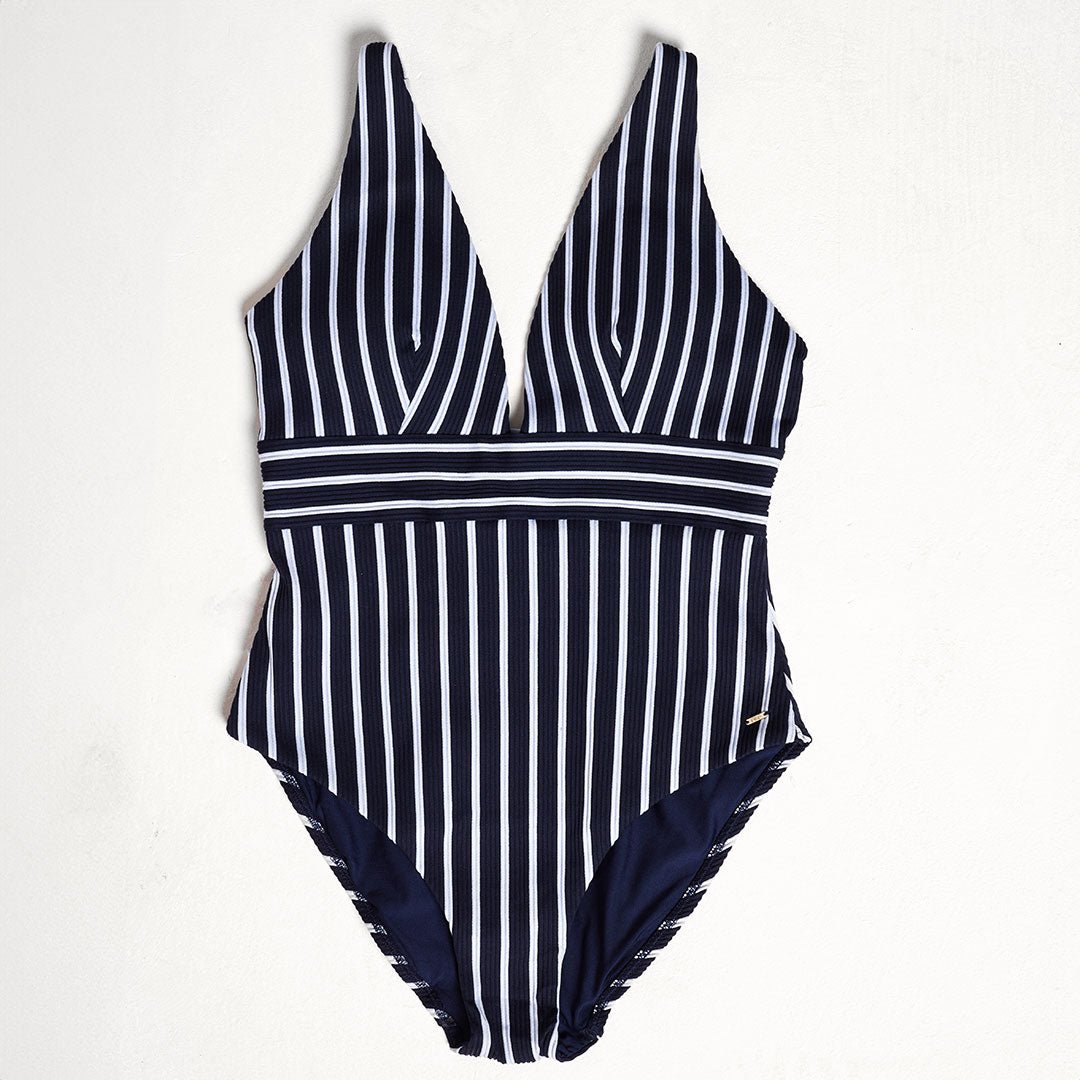 Ladies Navy And White Stripe Swimsuit from You Know Who's