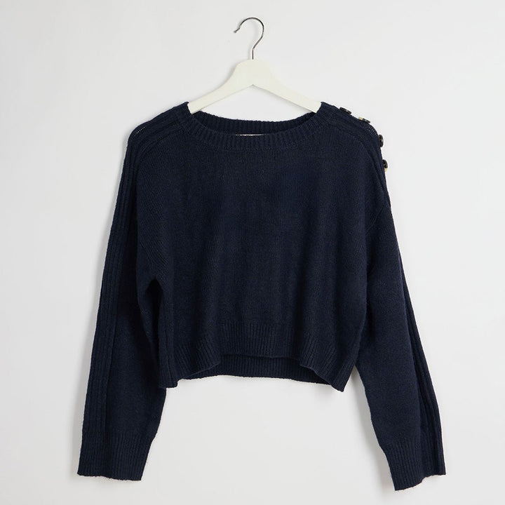 Ladies Navy Button Shoulder Cropped Jumper from You Know Who's