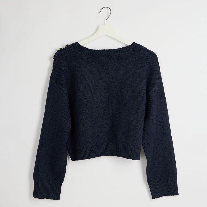 Ladies Navy Button Shoulder Cropped Jumper from You Know Who's