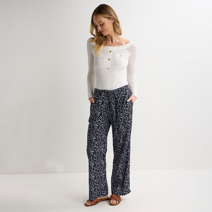Ladies Navy Ditsy Printed Linen Trousers from You Know Who's