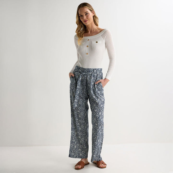 Ladies Navy Flower Printed Linen Trousers from You Know Who's