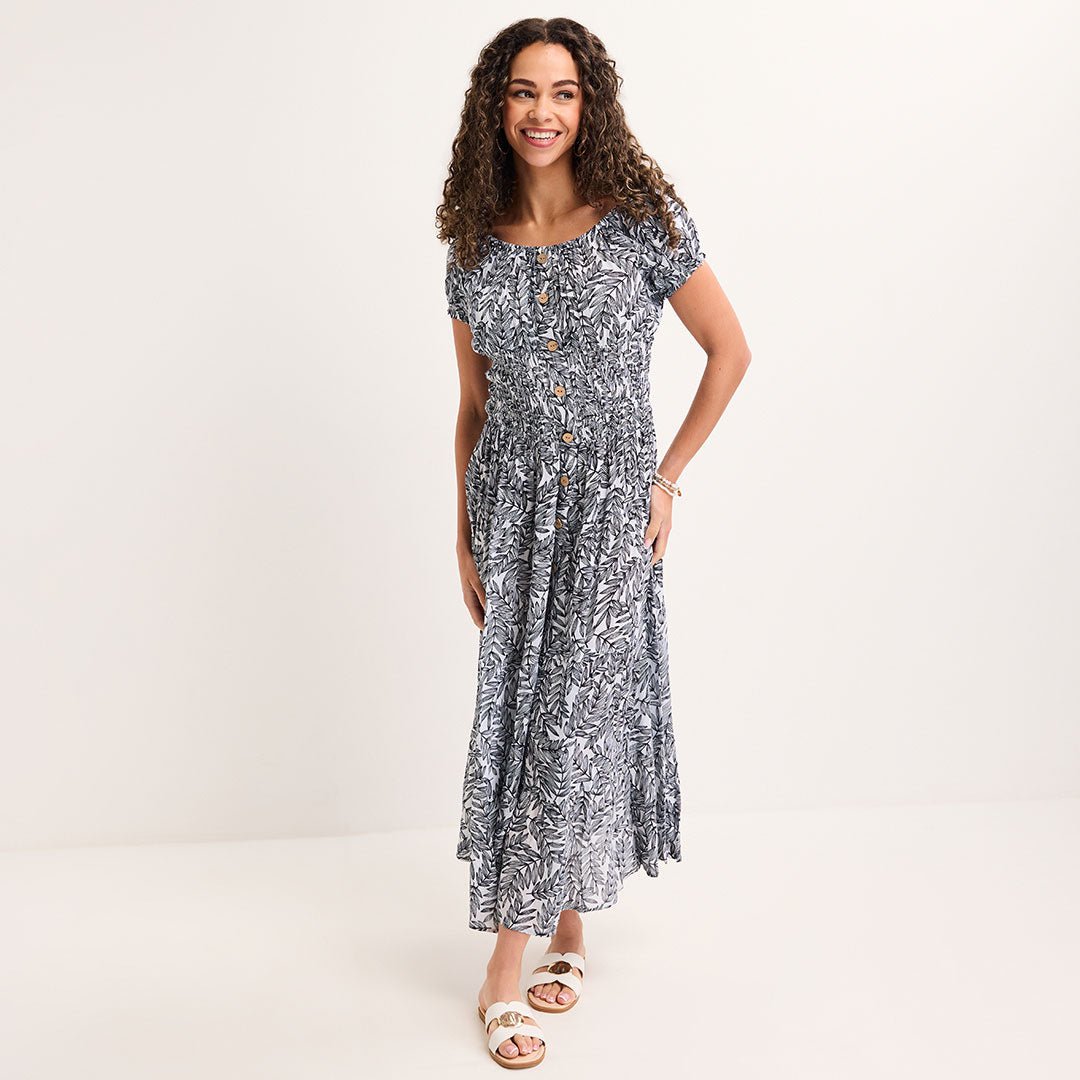 Ladies Navy Leaf Bardot Print Midi Dress from You Know Who's
