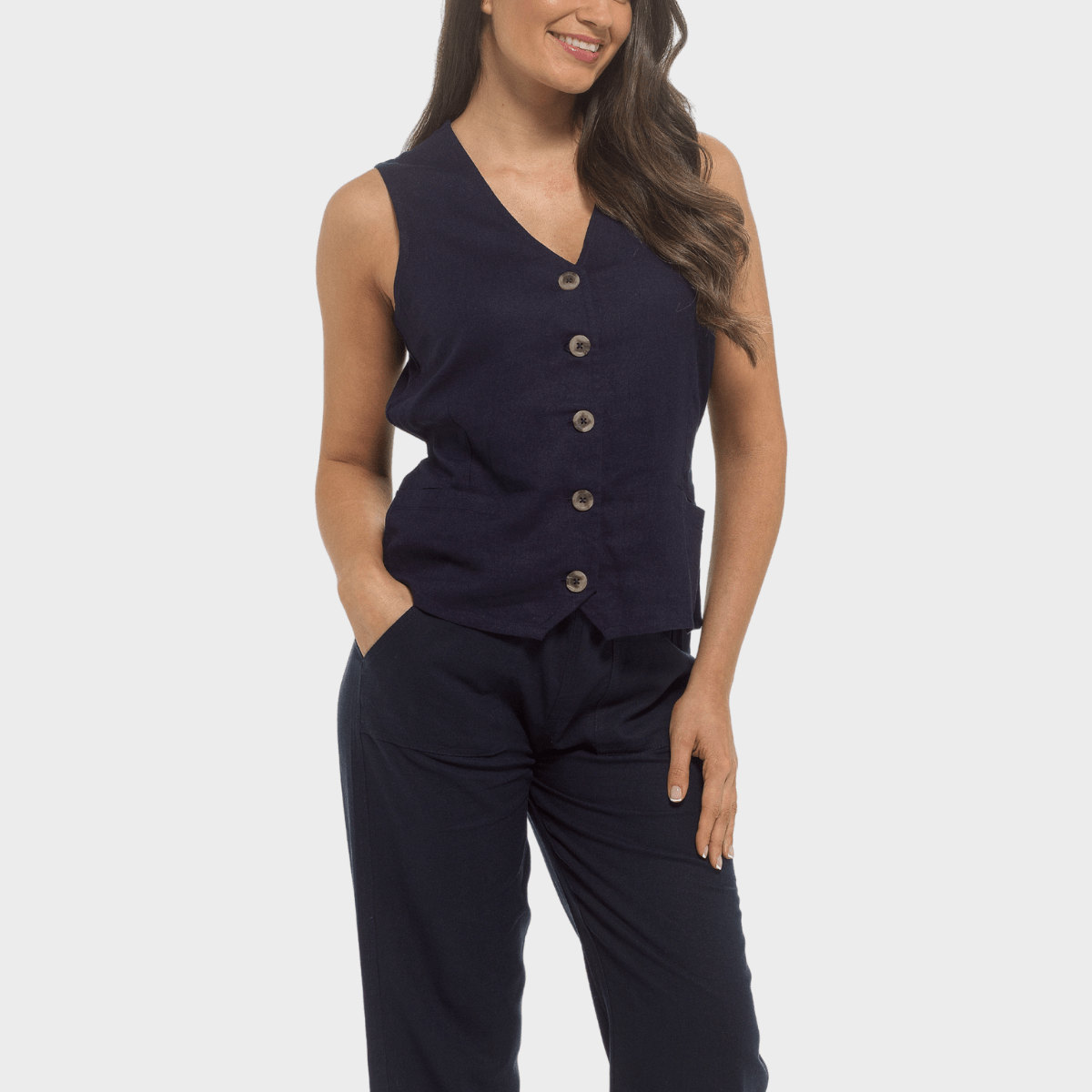 Ladies Navy Linen Blend Waistcoat from You Know Who's