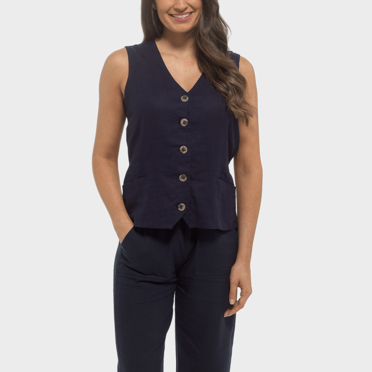 Ladies Navy Linen Blend Waistcoat from You Know Who's