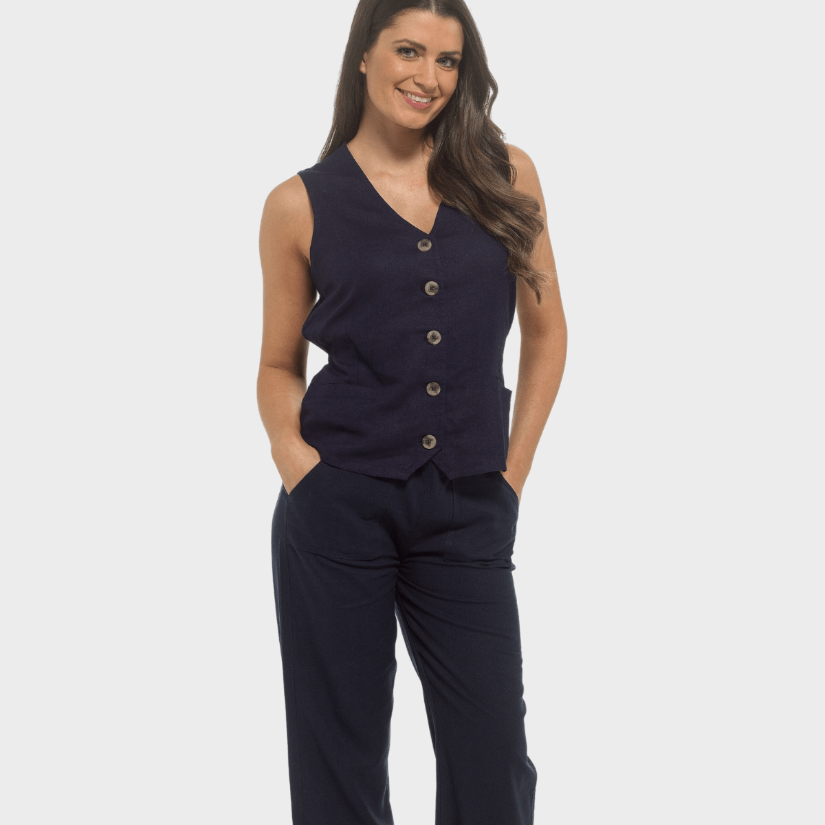 Ladies Navy Linen Blend Waistcoat from You Know Who's