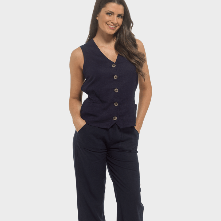 Ladies Navy Linen Blend Waistcoat from You Know Who's