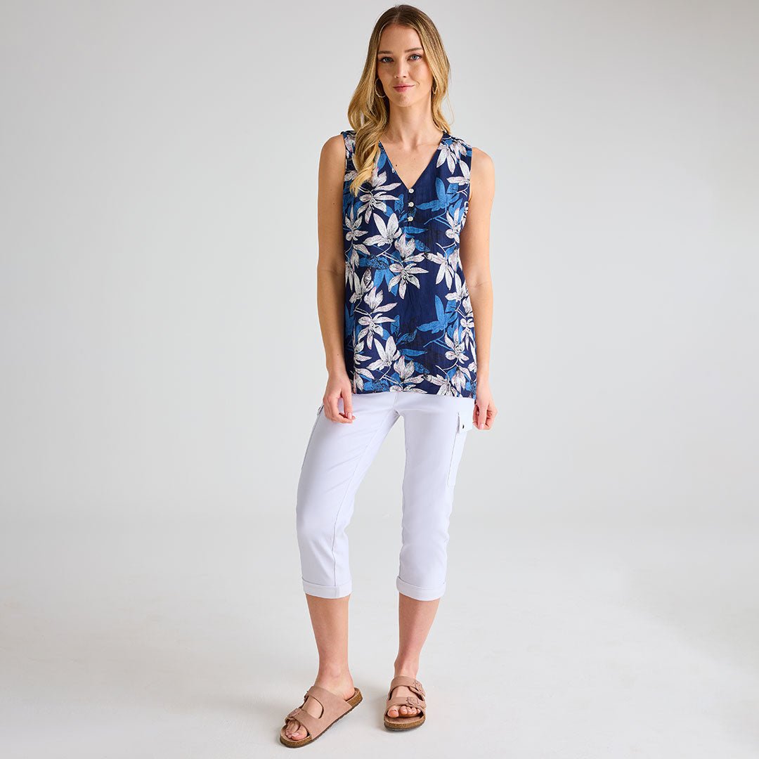 Ladies Navy Palm Printed V - neck T-shirt from You Know Who's