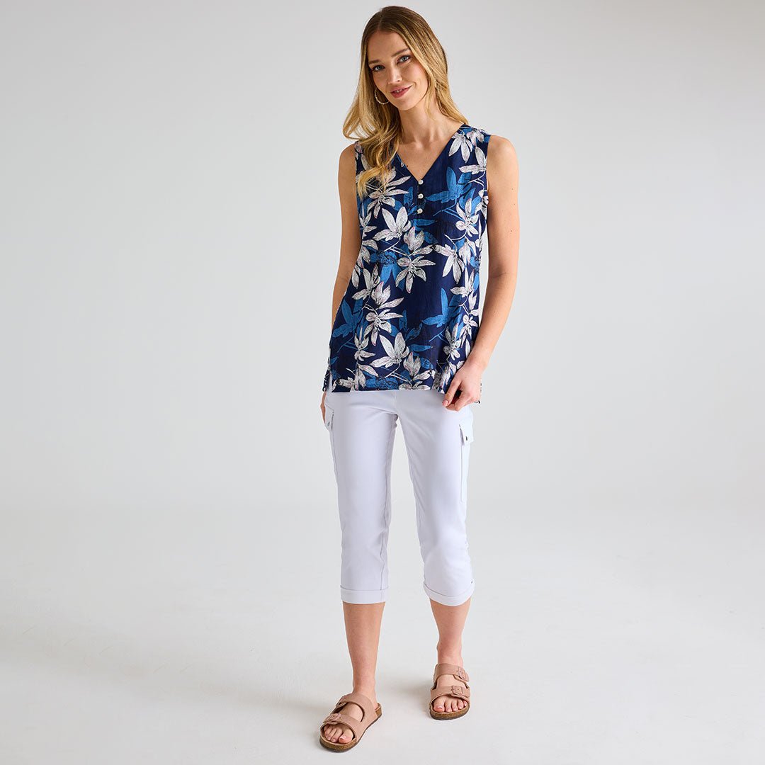 Ladies Navy Palm Printed V - neck T-shirt from You Know Who's
