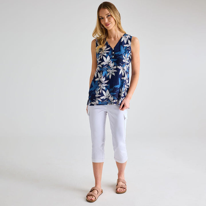 Ladies Navy Palm Printed V - neck T-shirt from You Know Who's