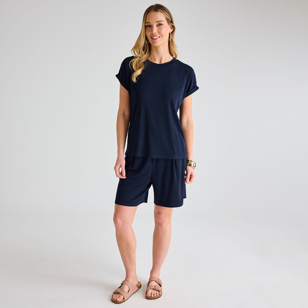 Ladies Navy Plisse Ribbed Shorts from You Know Who's
