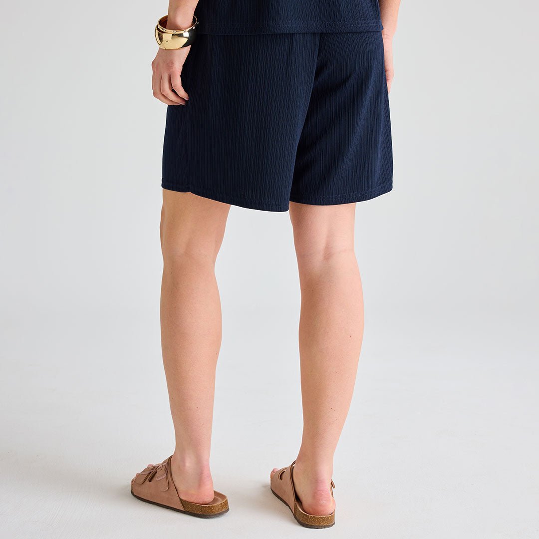 Ladies Navy Plisse Ribbed Shorts from You Know Who's