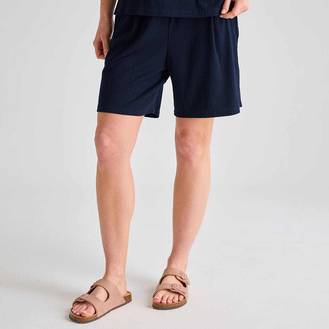 Ladies Navy Plisse Ribbed Shorts from You Know Who's